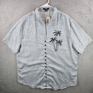 NEW Ouku Mens 2XL Grey Palm Tree Graphic Short Sleeve‎ Button Down Shirt New